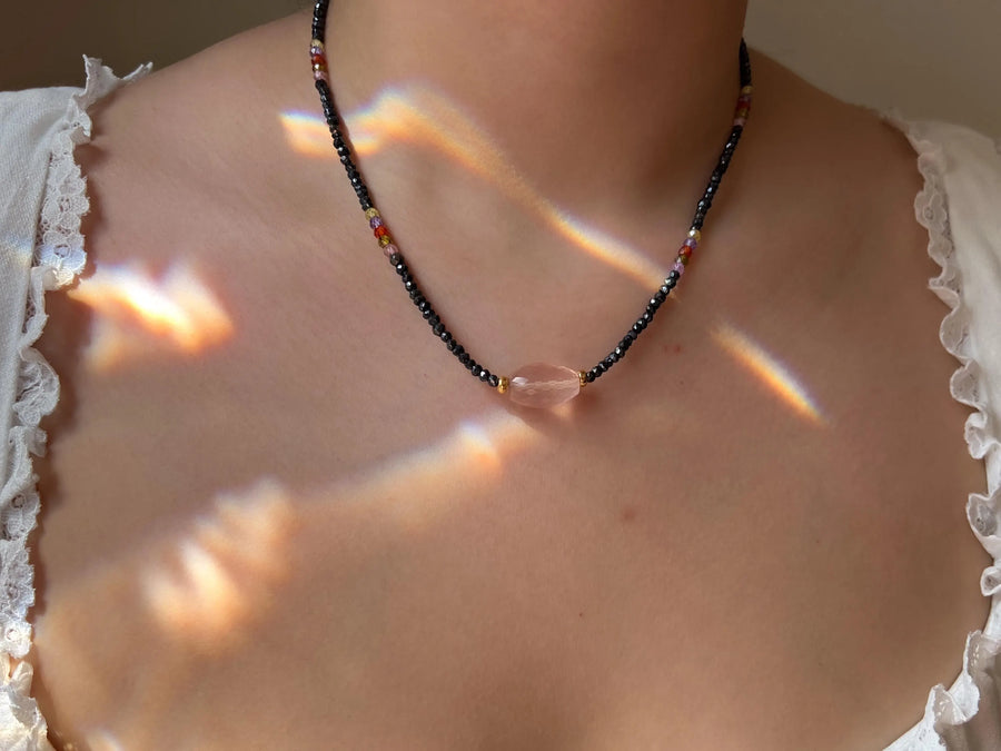 Black Spinel Necklace: Rose Quartz Focal Bead, 14k Gold Filled Clasp, Cubic Zirconia Accents