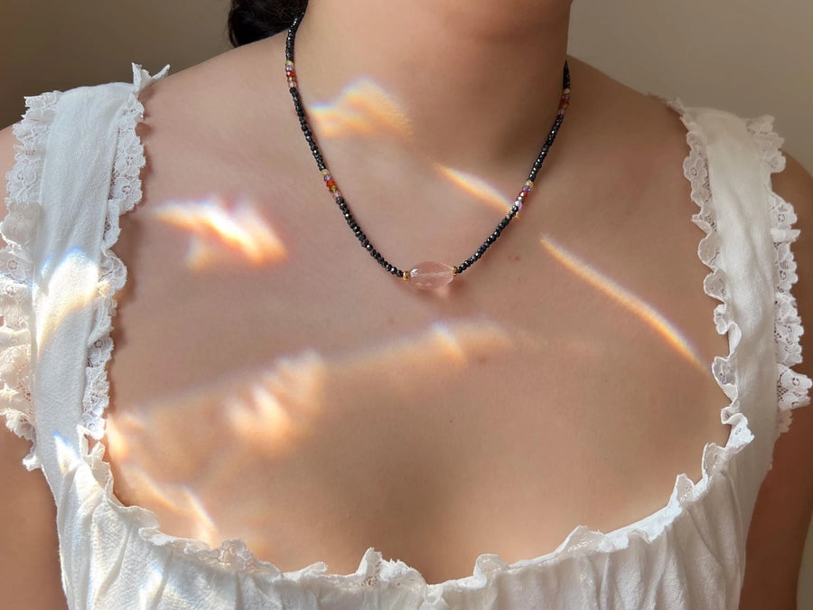 Black Spinel Necklace: Rose Quartz Focal Bead, 14k Gold Filled Clasp, Cubic Zirconia Accents