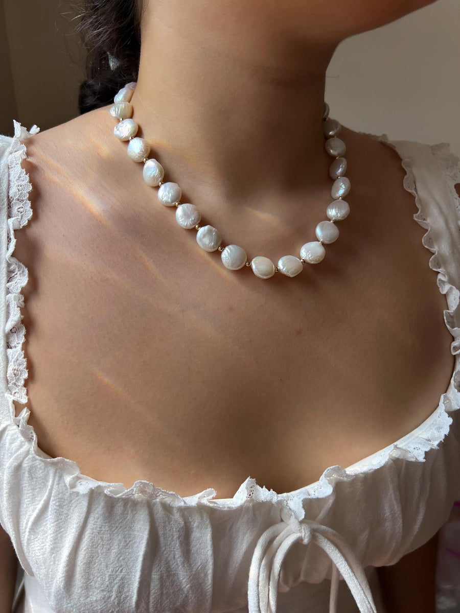 Coin Pearl Necklace: 14k Gold Filled Accents, Freshwater Pearls, High Luster