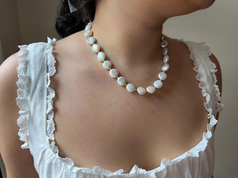 Coin Pearl Necklace: 14k Gold Filled Accents, Freshwater Pearls, High Luster