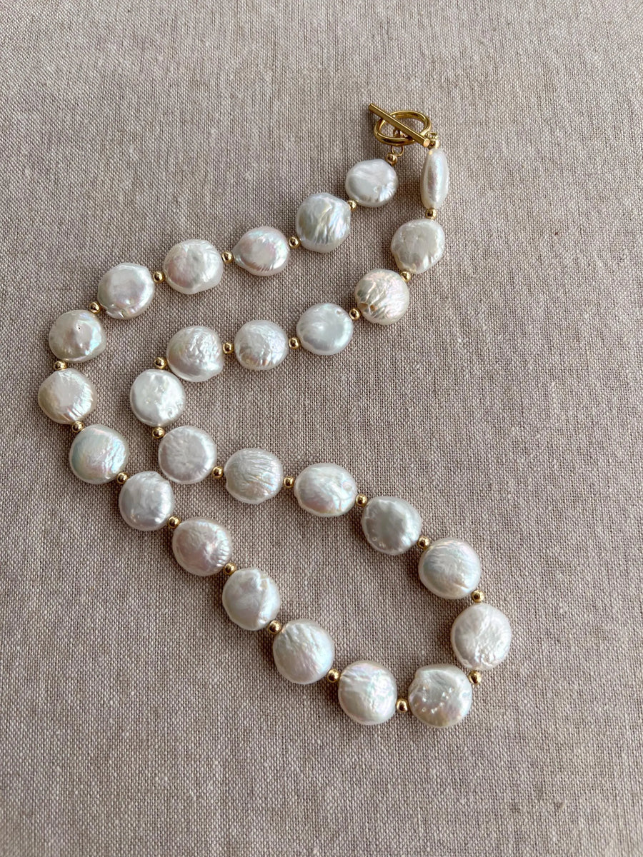 Coin Pearl Necklace: 14k Gold Filled Accents, Freshwater Pearls, High Luster