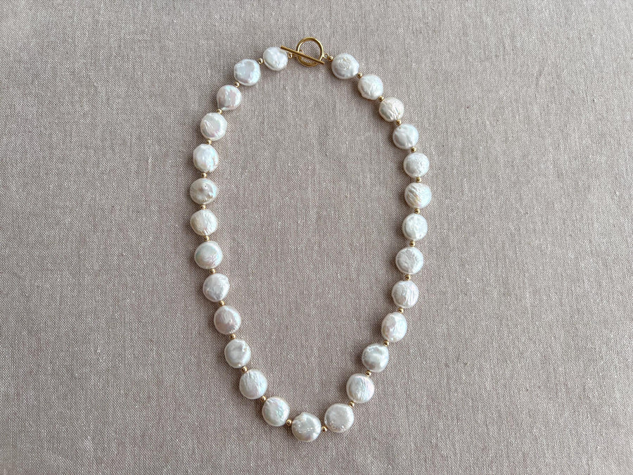 Coin Pearl Necklace: 14k Gold Filled Accents, Freshwater Pearls, High Luster