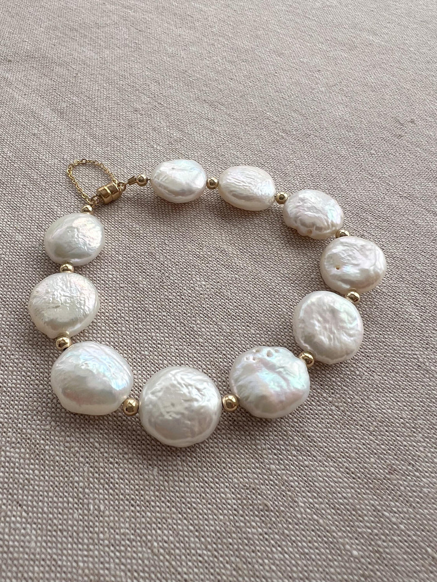 Coin Pearl Bracelet: Freshwater Pearls, 14k Gold Filled Accents, Handmade