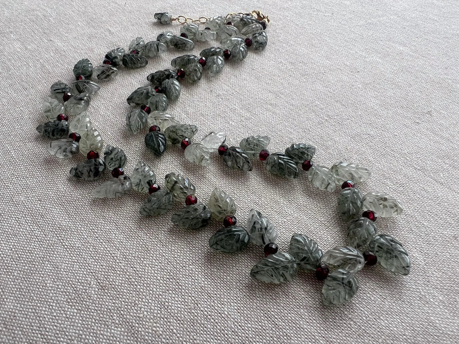 Green Rutilated Quartz Leaves Necklace, Garnet Accents, Boho Jewelry