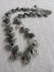 Green Rutilated Quartz Leaves Necklace, Garnet Accents, Boho Jewelry