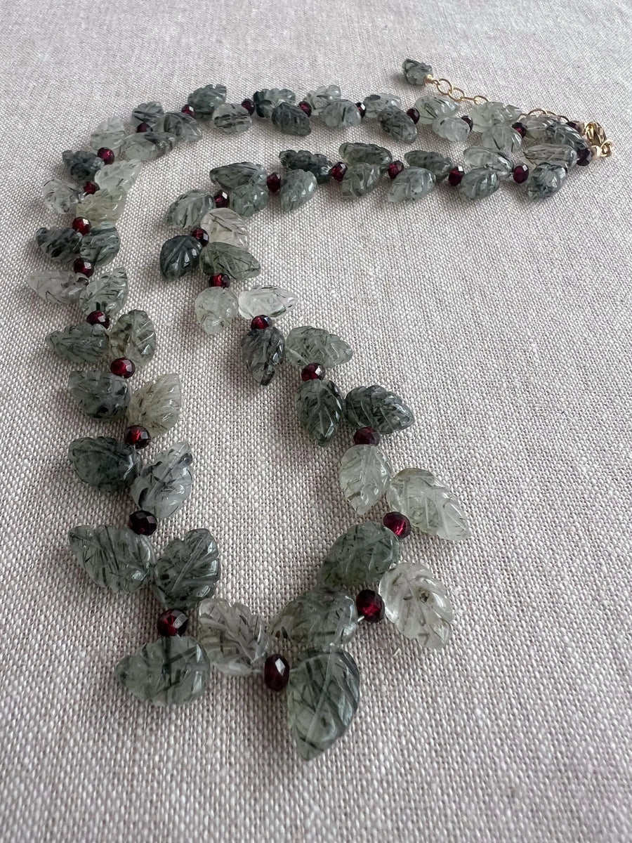 Green Rutilated Quartz Leaves Necklace, Garnet Accents, Boho Jewelry