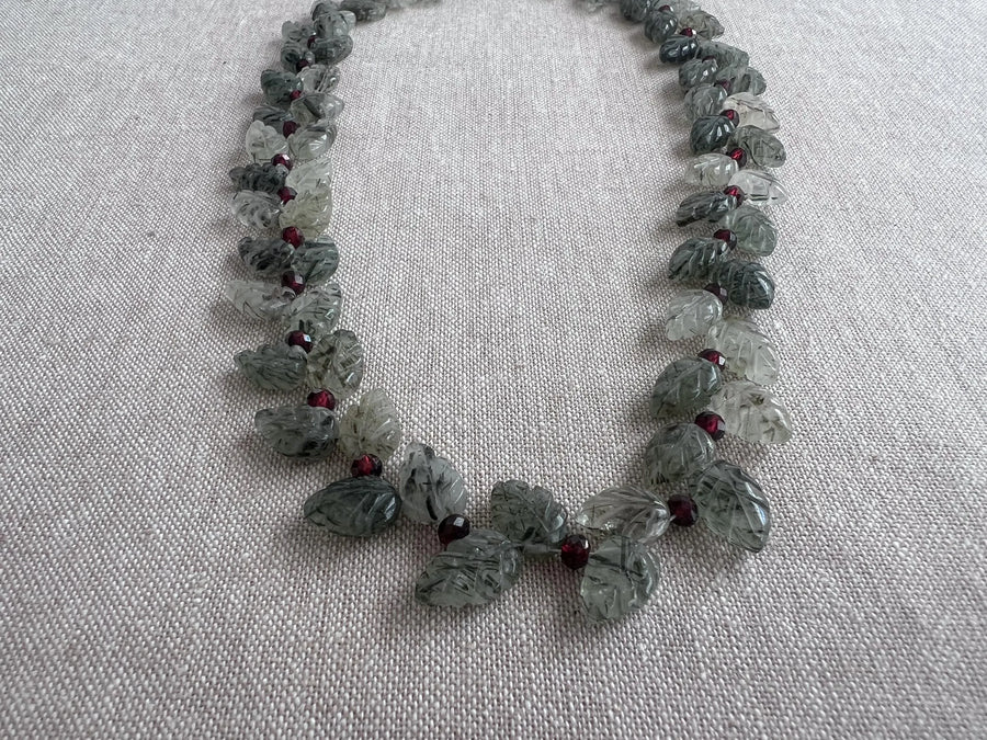 Green Rutilated Quartz Leaves Necklace, Garnet Accents, Boho Jewelry