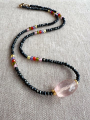 Black Spinel Necklace: Rose Quartz Focal Bead, 14k Gold Filled Clasp, Cubic Zirconia Accents