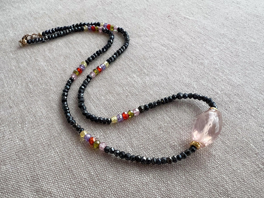 Black Spinel Necklace: Rose Quartz Focal Bead, 14k Gold Filled Clasp, Cubic Zirconia Accents