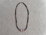 Black Spinel Necklace: Rose Quartz Focal Bead, 14k Gold Filled Clasp, Cubic Zirconia Accents