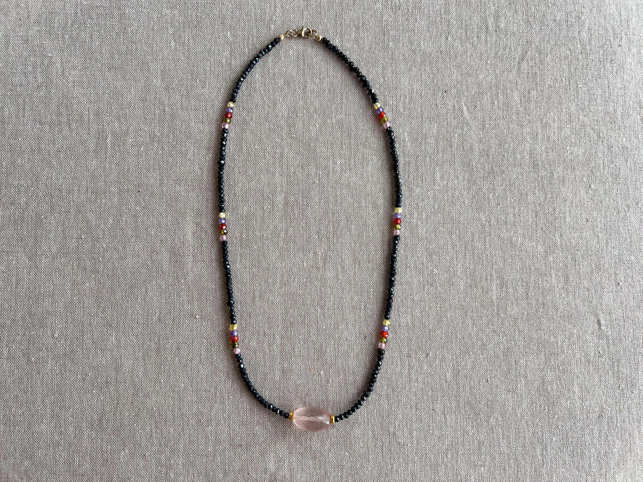 Black Spinel Necklace: Rose Quartz Focal Bead, 14k Gold Filled Clasp, Cubic Zirconia Accents