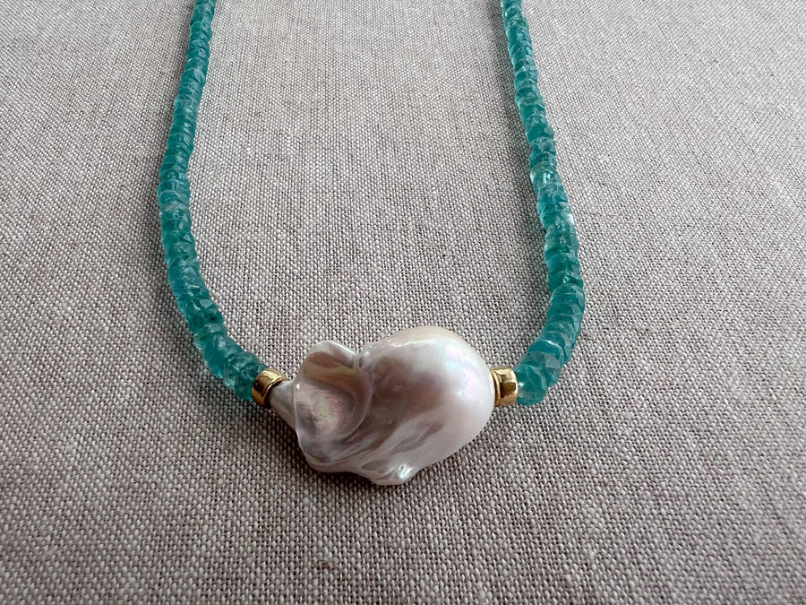 Apatite Necklace: Baroque Pearl Accent, 14k Gold Filled, Soft Blue Color