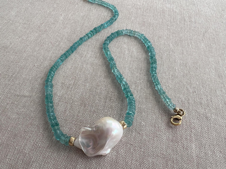 Apatite Necklace: Baroque Pearl Accent, 14k Gold Filled, Soft Blue Color