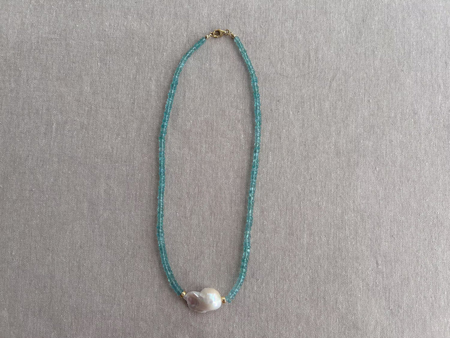 Apatite Necklace: Baroque Pearl Accent, 14k Gold Filled, Soft Blue Color