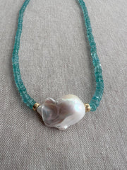 Apatite Necklace: Baroque Pearl Accent, 14k Gold Filled, Soft Blue Color