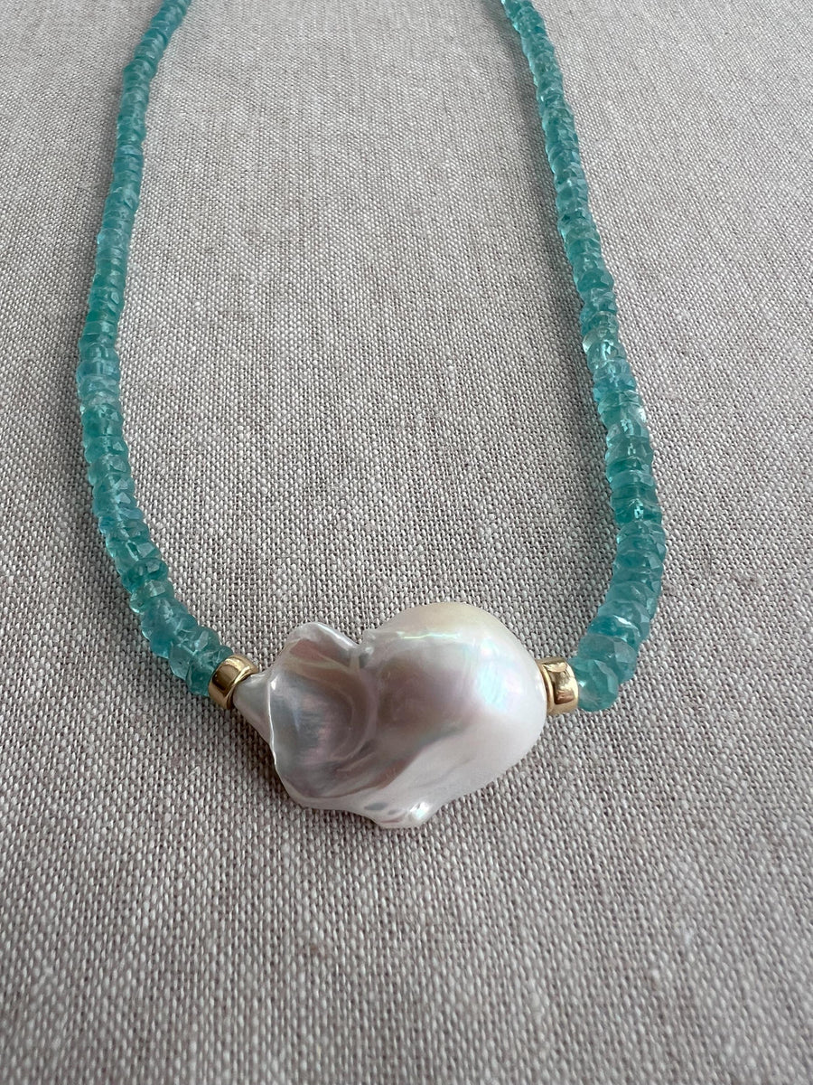 Apatite Necklace: Baroque Pearl Accent, 14k Gold Filled, Soft Blue Color