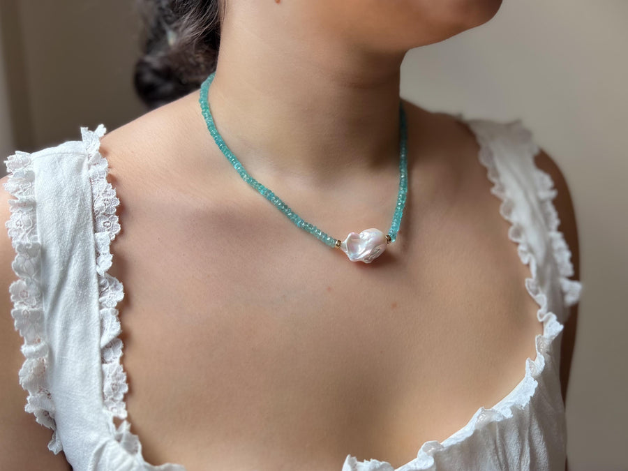 Apatite Necklace: Baroque Pearl Accent, 14k Gold Filled, Soft Blue Color