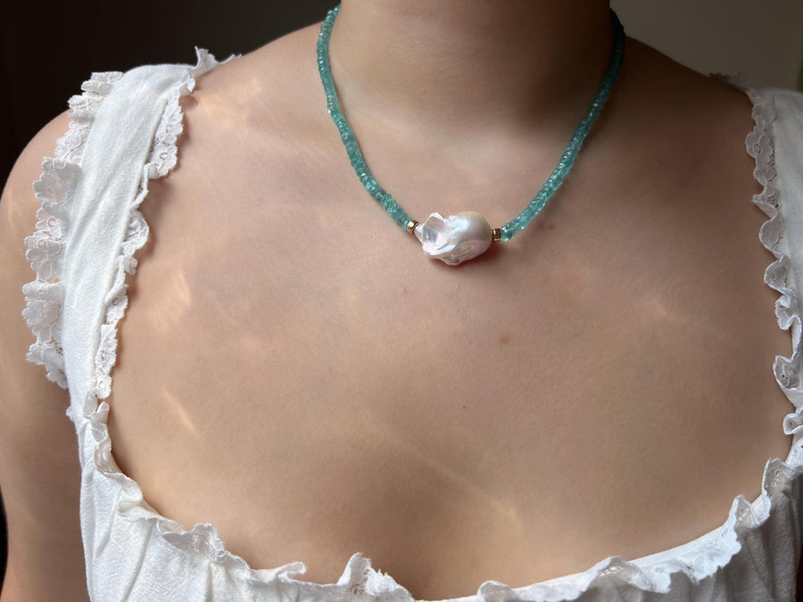 Apatite Necklace: Baroque Pearl Accent, 14k Gold Filled, Soft Blue Color