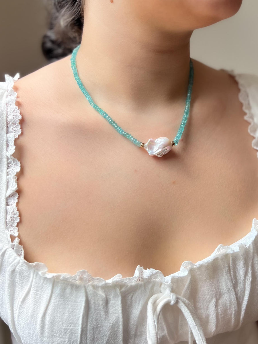 Apatite Necklace: Baroque Pearl Accent, 14k Gold Filled, Soft Blue Color