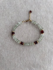 Prasiolite Heishi Bracelet with Garnet Accents, Gemstone Boho Bracelet, 14k Gold Filled