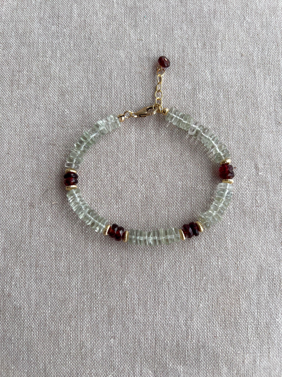 Prasiolite Heishi Bracelet with Garnet Accents, Gemstone Boho Bracelet, 14k Gold Filled