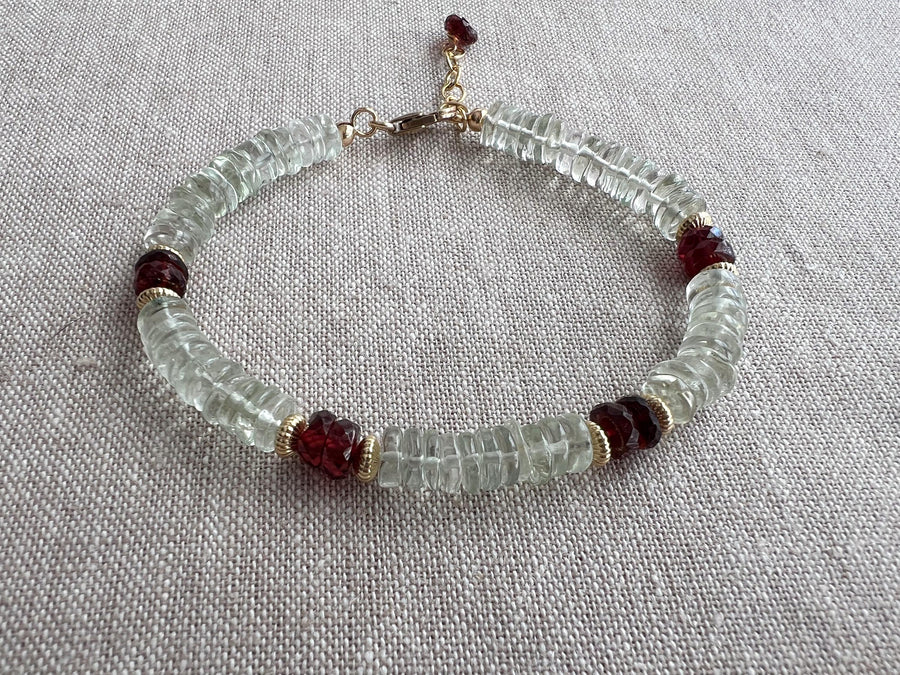 Prasiolite Heishi Bracelet with Garnet Accents, Gemstone Boho Bracelet, 14k Gold Filled