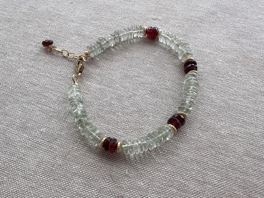 Prasiolite Heishi Bracelet with Garnet Accents, Gemstone Boho Bracelet, 14k Gold Filled
