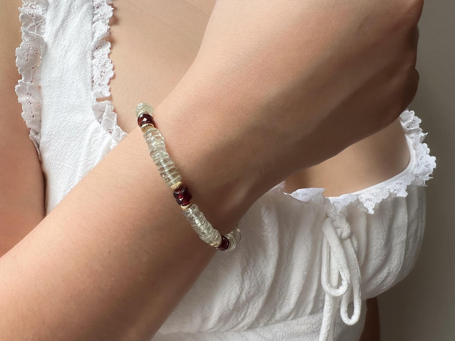 Prasiolite Heishi Bracelet with Garnet Accents, Gemstone Boho Bracelet, 14k Gold Filled