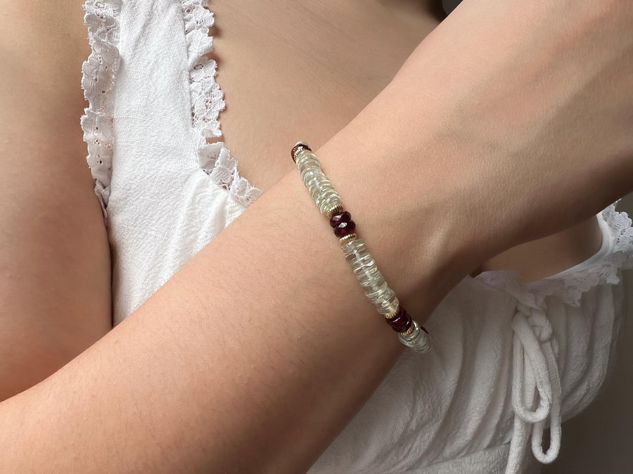 Prasiolite Heishi Bracelet with Garnet Accents, Gemstone Boho Bracelet, 14k Gold Filled