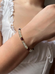 Prasiolite Heishi Bracelet with Garnet Accents, Gemstone Boho Bracelet, 14k Gold Filled