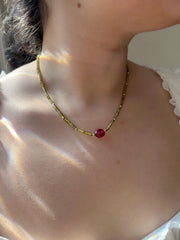 Olive Green Cubic Zirconia Necklace: Ruby Accent, 14k Gold Filled, Layering Necklace