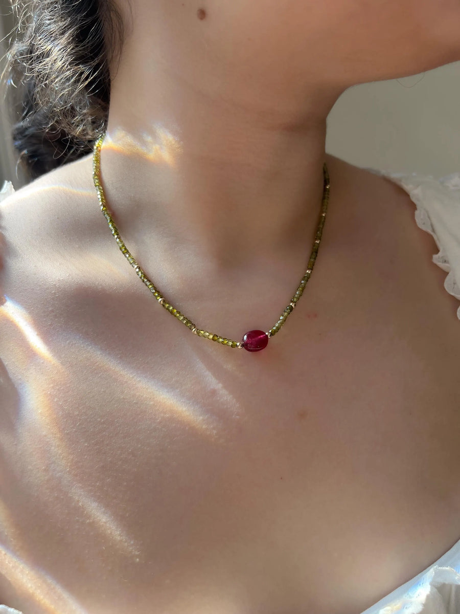Olive Green Cubic Zirconia Necklace: Ruby Accent, 14k Gold Filled, Layering Necklace