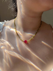 Olive Green Cubic Zirconia Necklace: Ruby Accent, 14k Gold Filled, Layering Necklace