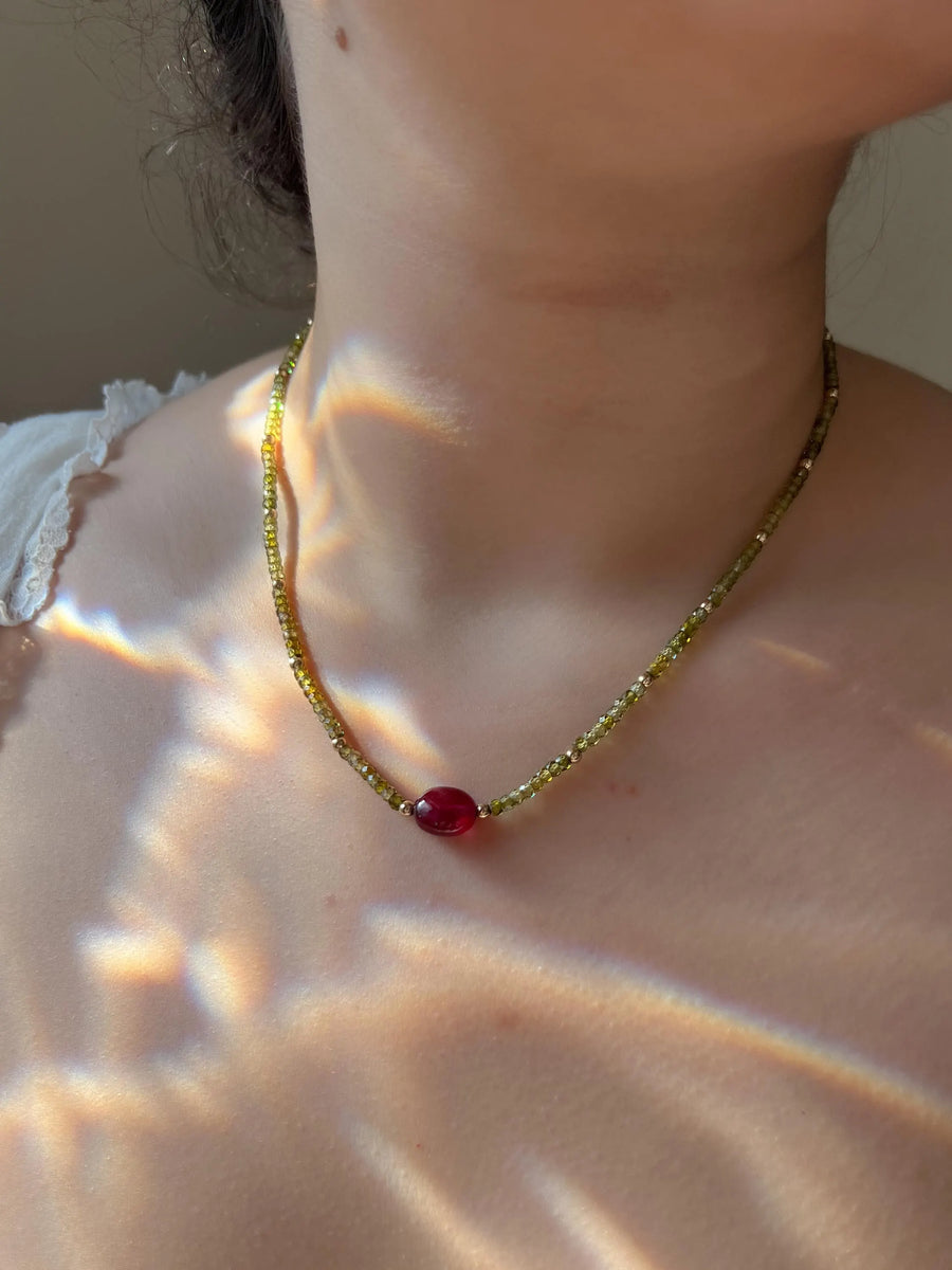 Olive Green Cubic Zirconia Necklace: Ruby Accent, 14k Gold Filled, Layering Necklace