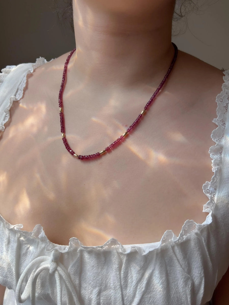 Rhodolite Garnet Necklace: 14k Gold Accents, Hand Knotted Gemstone Necklace