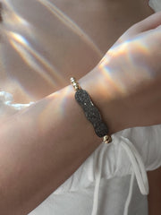 Pave Diamond Scalloped Bar and Gold Bead Bracelet: 14k Gold Filled, Elegant Jewelry