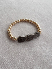 Pave Diamond Scalloped Bar and Gold Bead Bracelet: 14k Gold Filled, Elegant Jewelry