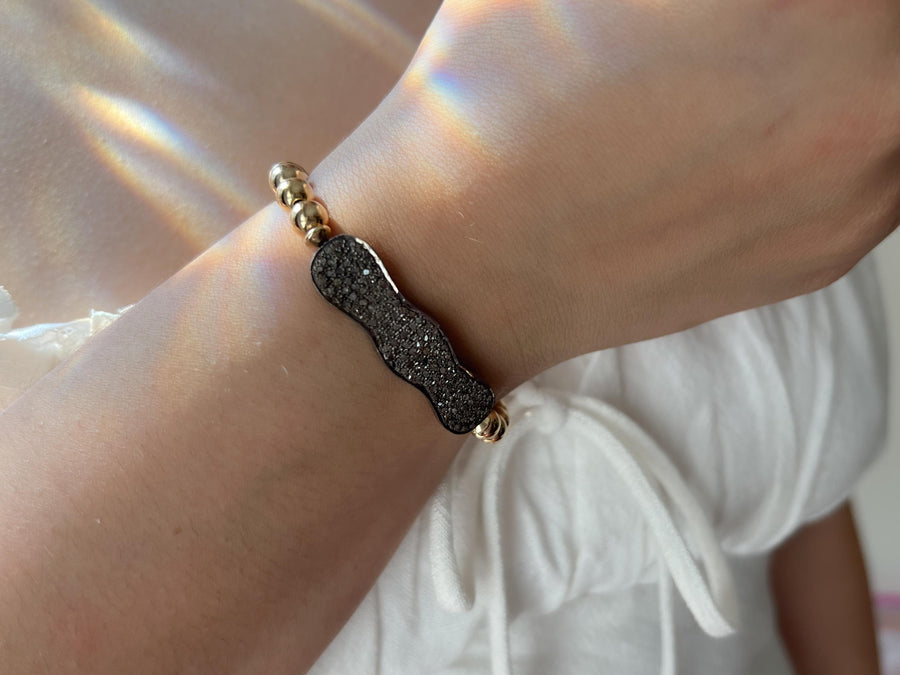 Pave Diamond Scalloped Bar and Gold Bead Bracelet: 14k Gold Filled, Elegant Jewelry