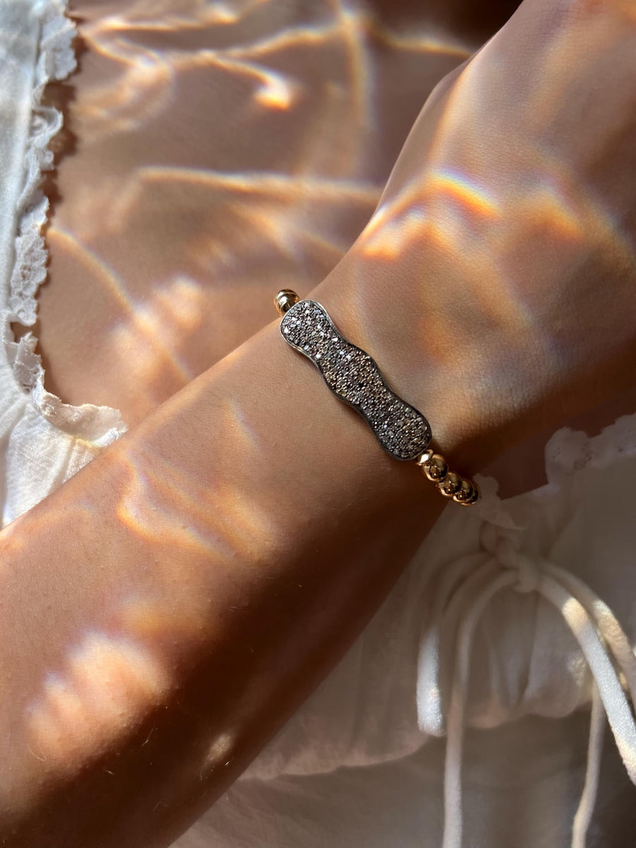 Pave Diamond Scalloped Bar and Gold Bead Bracelet: 14k Gold Filled, Elegant Jewelry