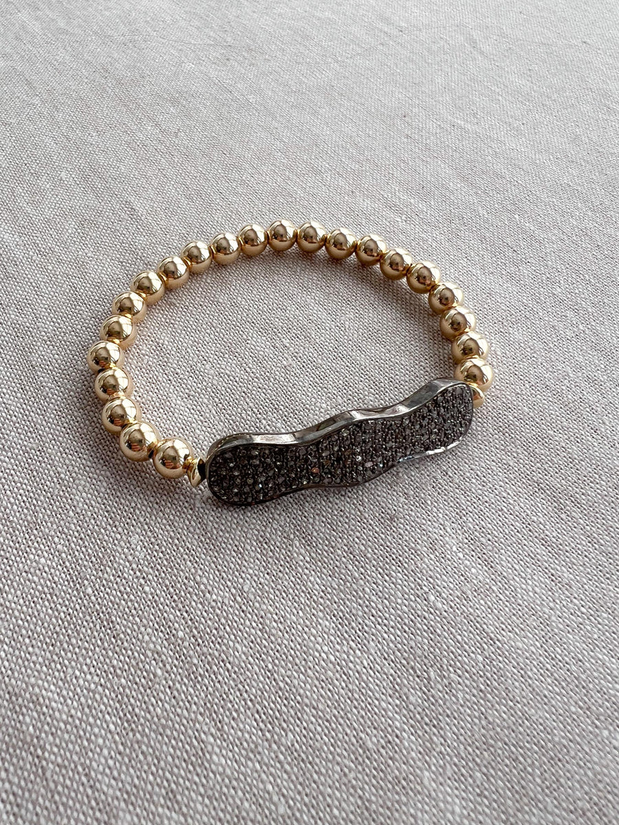Pave Diamond Scalloped Bar and Gold Bead Bracelet: 14k Gold Filled, Elegant Jewelry