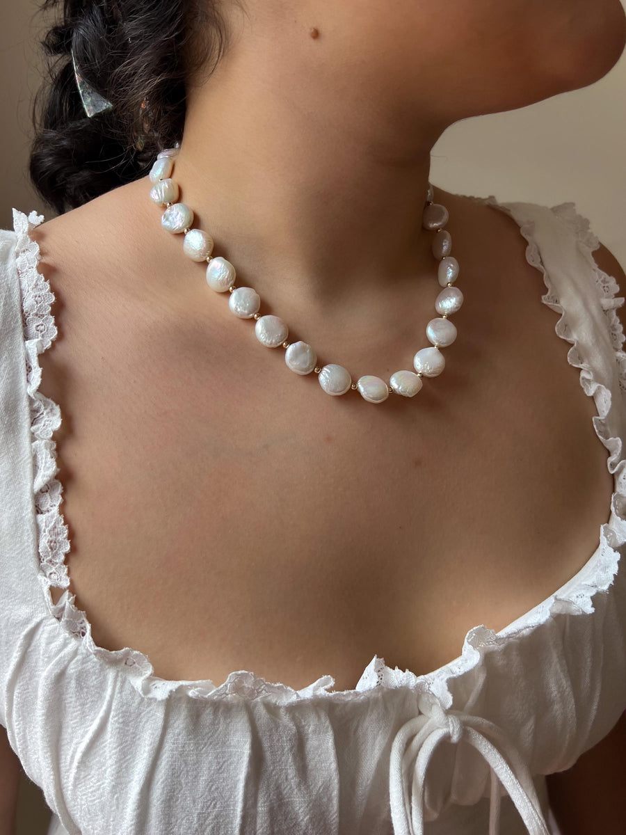 Coin Pearl Necklace: 14k Gold Filled Accents, Freshwater Pearls, High Luster