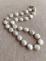 Coin Pearl Necklace: 14k Gold Filled Accents, Freshwater Pearls, High Luster