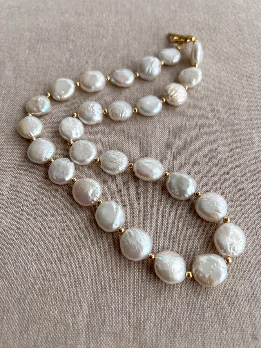 Coin Pearl Necklace: 14k Gold Filled Accents, Freshwater Pearls, High Luster