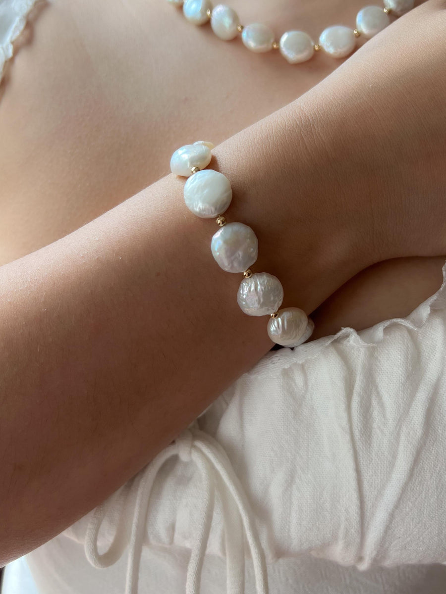 Coin Pearl Bracelet: Freshwater Pearls, 14k Gold Filled Accents, Handmade