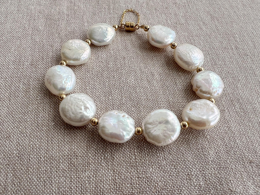 Coin Pearl Bracelet: Freshwater Pearls, 14k Gold Filled Accents, Handmade