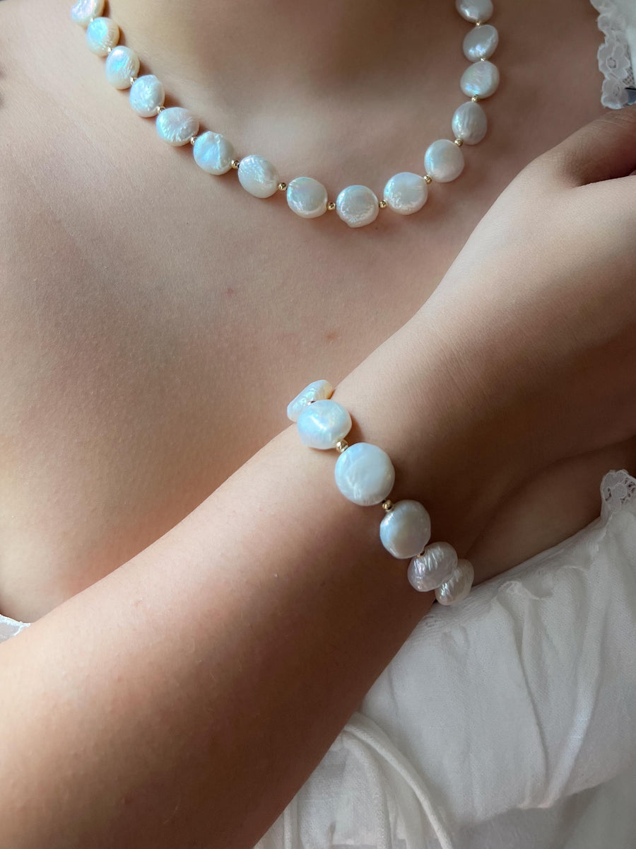 Coin Pearl Bracelet: Freshwater Pearls, 14k Gold Filled Accents, Handmade