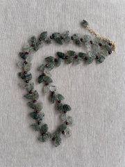 Green Rutilated Quartz Leaves Necklace, Garnet Accents, Boho Jewelry