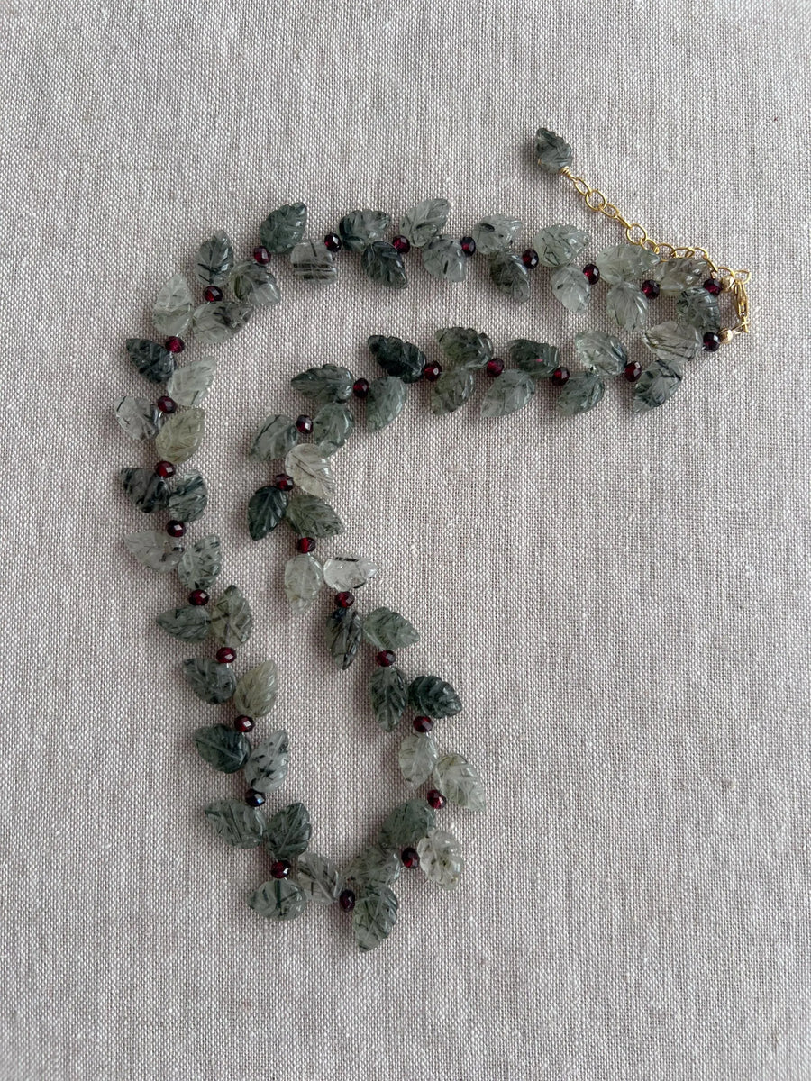 Green Rutilated Quartz Leaves Necklace, Garnet Accents, Boho Jewelry
