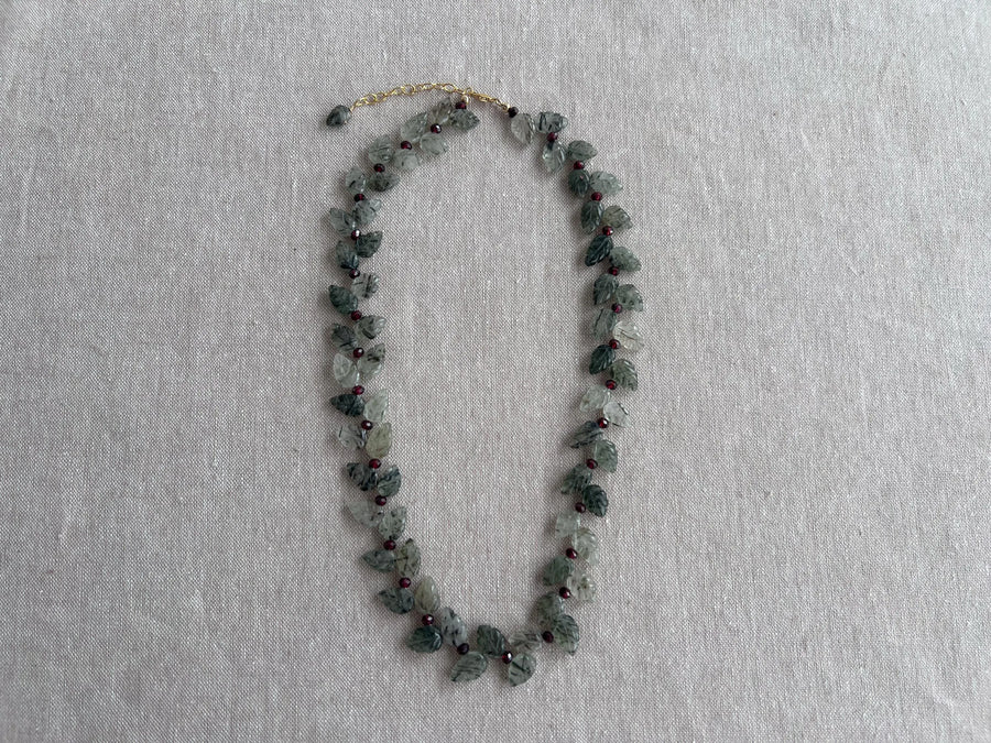 Green Rutilated Quartz Leaves Necklace, Garnet Accents, Boho Jewelry