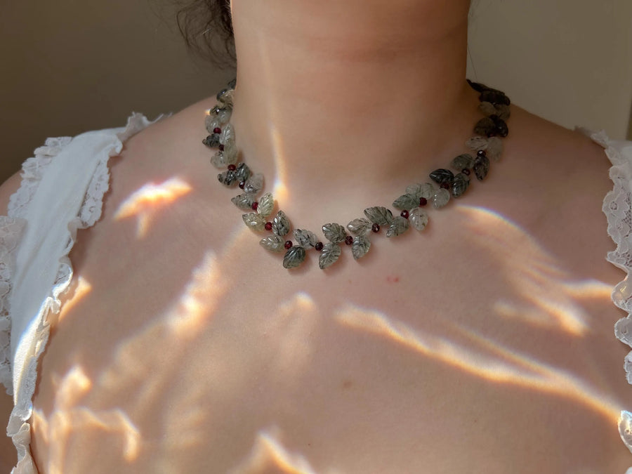 Green Rutilated Quartz Leaves Necklace, Garnet Accents, Boho Jewelry